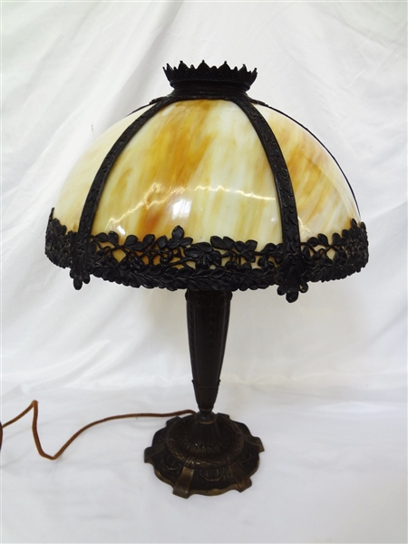 Six Panel Slag Glass Lamp Shade Attributed to Miller Metal Base
