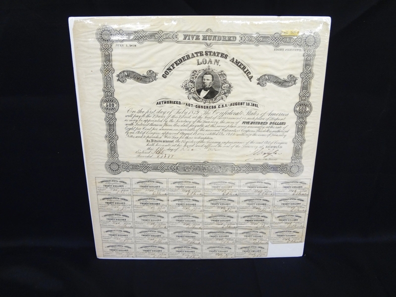 Civil War Confederate 500 Dollar Bond Sheet