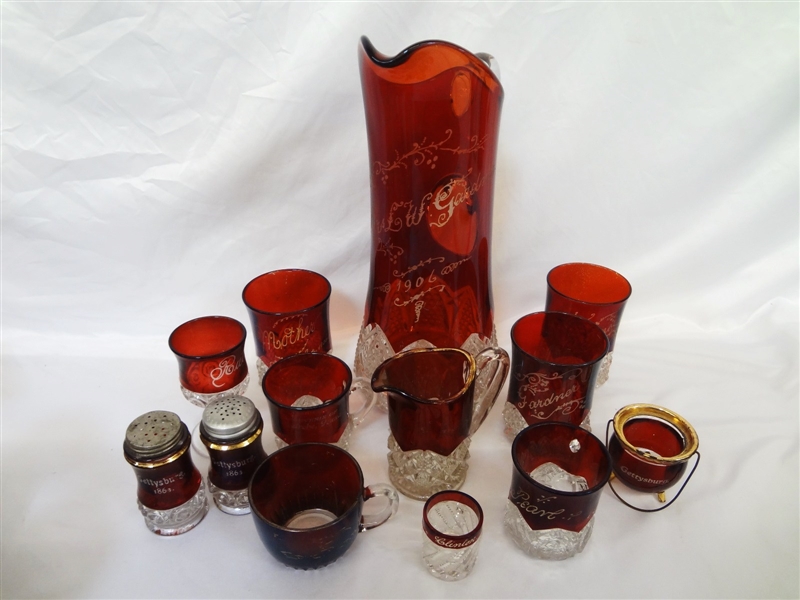 Large Group of Flash Stained Ruby Red Glasses and Souvenir Ware