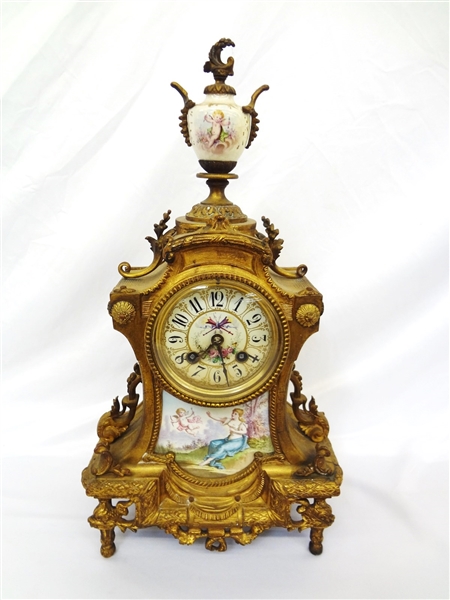 Japy Freres French Mantle Clock Enamel Face Hand Painted