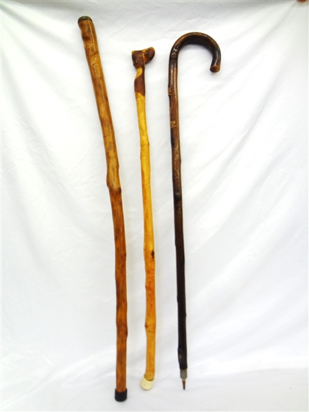 (3) Hand Carved Walking Canes: Nude, Flowers