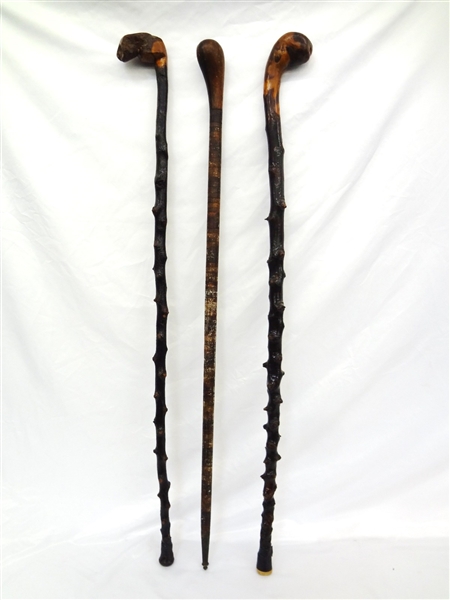 (3) Hand Carved Walking Canes
