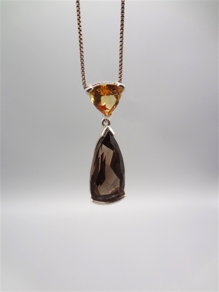 Sterling Silver Necklace with Drop Pendant of Smoky Topaz and Citrine