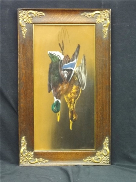 Watercolor/Gouache "Mallards After the Hunt" Ornate Oak Frame