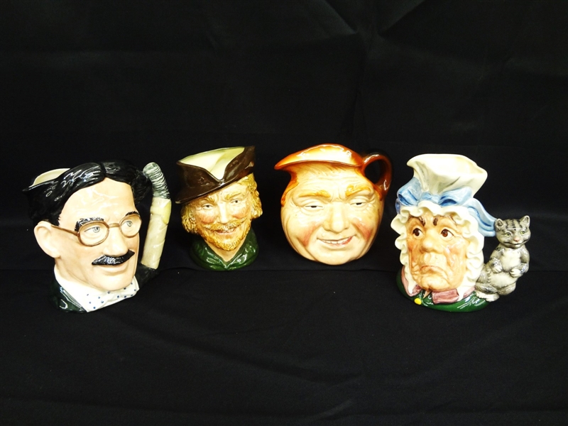 (4) Royal Doulton Large Character Mugs: John Barleycorn, Robin Hood, Cook and Cheshire Cat, Groucho Marx