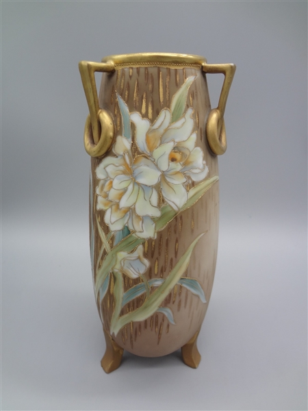 Nippon Three Handled Hand Painted Floral Vase