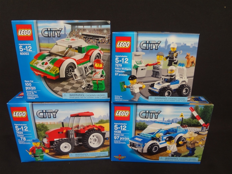 (4) LEGO Unopened Sets: 4436 Patrol Car, 7279 Police Minifig Collection, 60053 Race Car, 7634 Tractor
