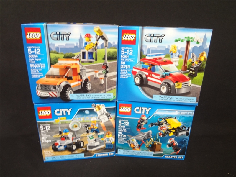 (4) LEGO Unopened Sets: 60091 Deep Sea Starter Kit, 60077 Space Starter Kit, 60054 Light Truck Repair, 60001 Fire Chief Car