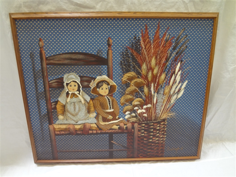 Oversize Oil Painting Of Dolls in a Chair Signed Huntington