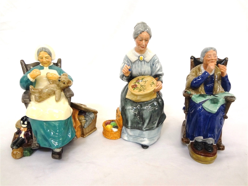 (3) Royal Doulton Figurines: Nanny, Embroidering, A Stitch in Time