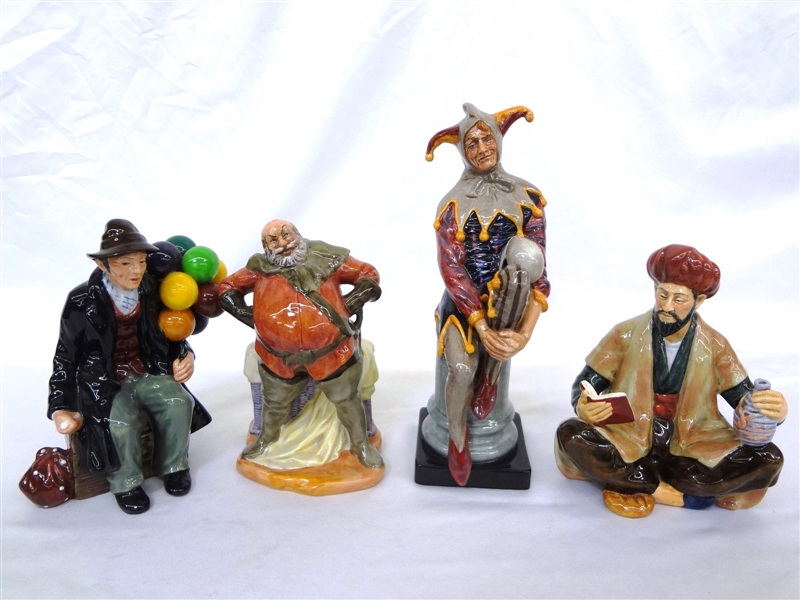 (4) Royal Doulton Figurines: The Balloon Man, Falstaff, Jester, Omar Khayyam