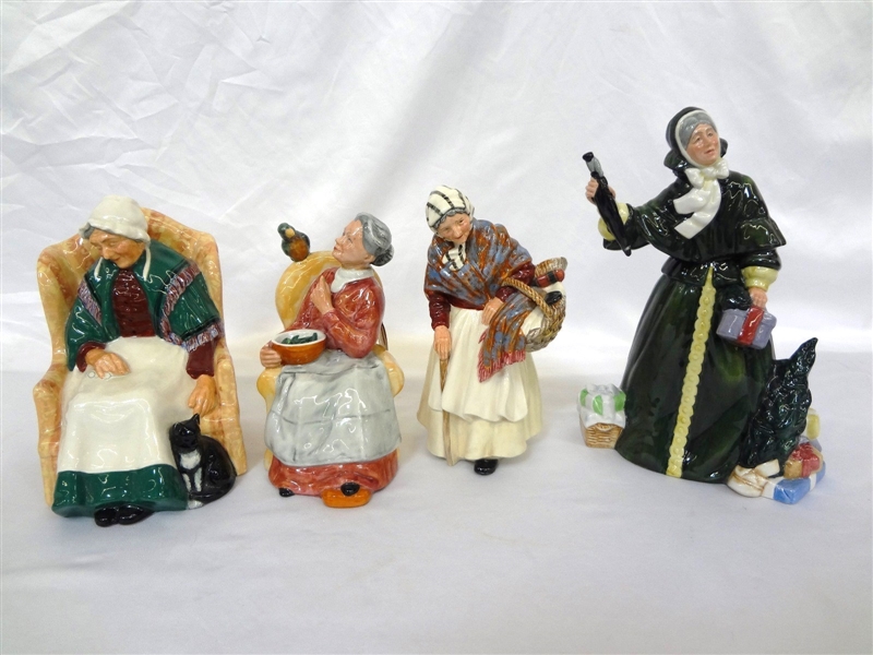 (4) Royal Doulton Figurines: Fourty Winks, Pretty Polly, Grandma, Christmas Parcels