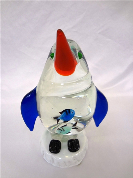 Large Art Glass Penguin With Fish in Belly Style of Murano