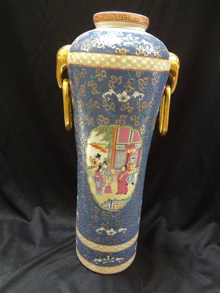 Large Asian Floor Vase Elephant Handle with Floating Gold Rings in Deep Blue