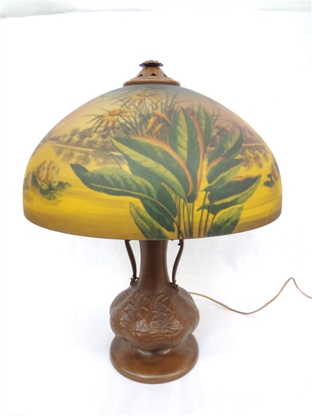 Charles Parker Bronze Base Reverse Painted Shade Table Lamp