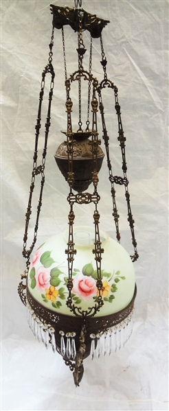 (2) Hanging Victorian Brass Counterweight Lamps Hand painted Shades