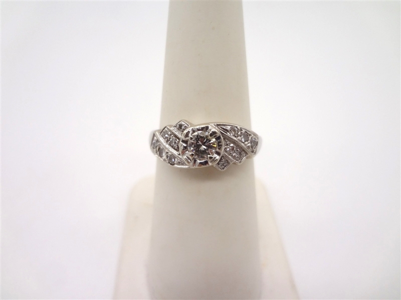 14k White Gold Art Deco Ring With Solitaire Diamond Round 14 Small Diamond Surround