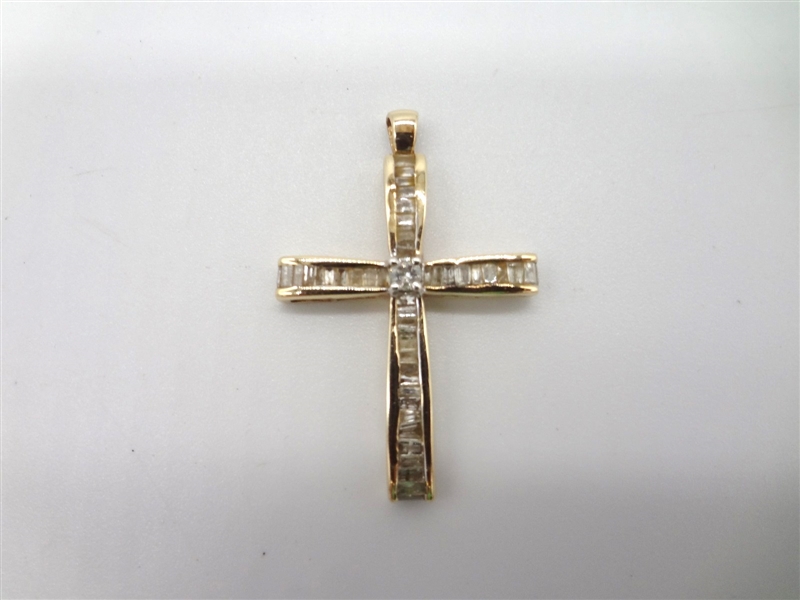 14k Gold Cross Pendant With Solitaire Round Diamond, Baguette Surround