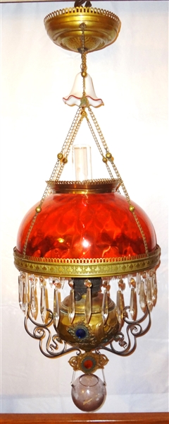Cranberry Flash Colored Glass Victorian Hanging Lamp