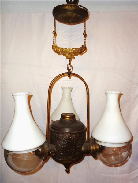 Victorian Antique Tri Shade Kerosene Hanging Lamp Converted