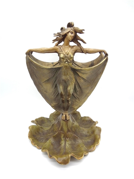 Art Nouveau Bronze Patinated Cast Metal Vase 2 Women on Lily Pad