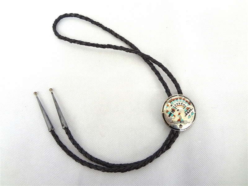 Dennis and Nancy Edaakie Zuni Sterling Silver Turquoise Bolo Tie