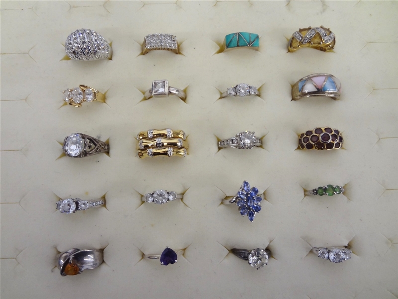 (20) Sterling Silver Rings Gemstones and Rhinestones