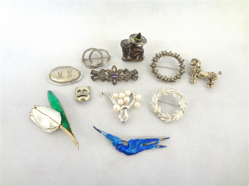 (11) Sterling Silver Brooches (2) Enameled Norway