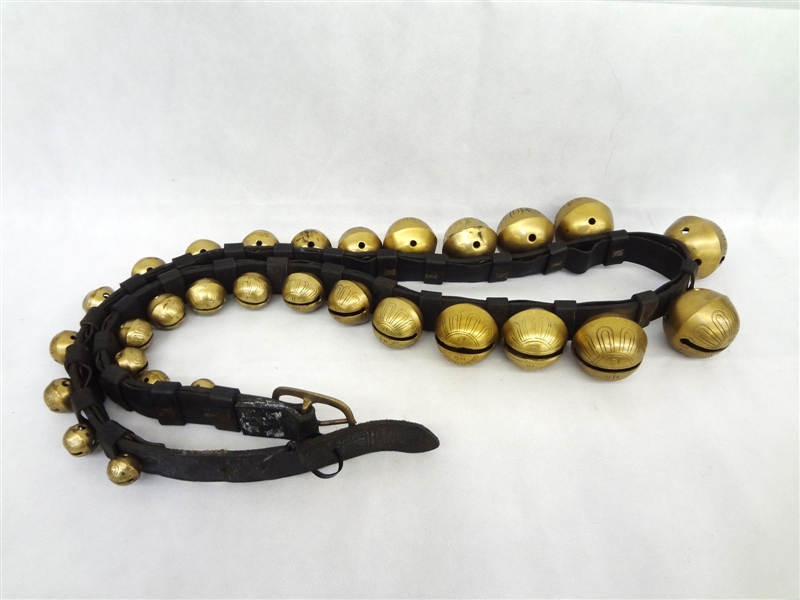 Vintage Brass Sleigh Bells (2) Sets No. 1-15 on Leather Strap