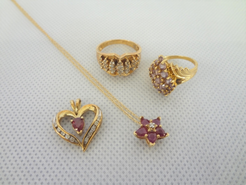 10k Gold Jewelry Group: 2 Rings, 2 Pendants, Necklace
