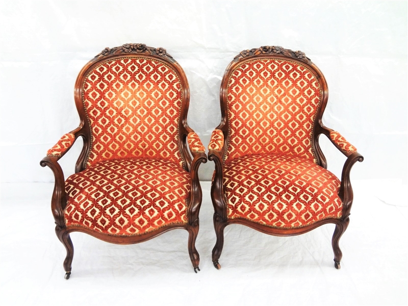 Pair of Victorian Arm Chairs Cut Velvet Seat and Back