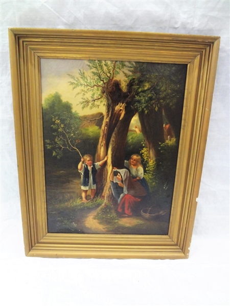 Original Oil on Canvas A. Smith Mother and Children Playing Hide and Seek