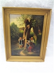 Original Oil on Canvas A. Smith Mother and Children Playing Hide and Seek