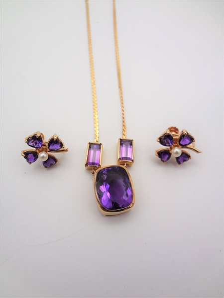 14k Gold Amethyst Necklace and Matching Earrings