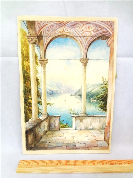 Original Watercolor Mounted to Board Landscape with Pillars