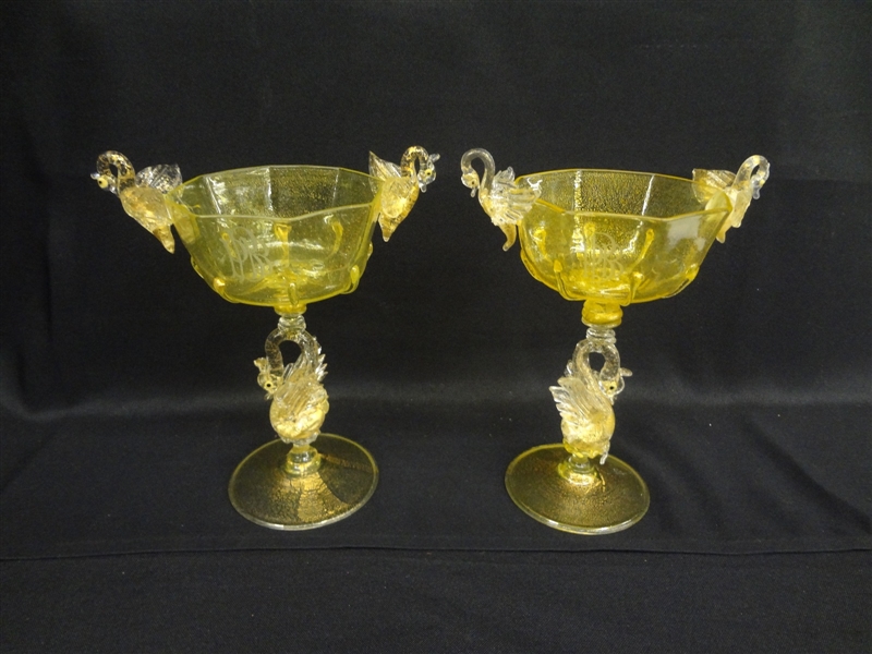 Pair Venetian Glass Salviati Yellow Swan Drinking Goblets