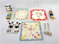 Early Walt Disney Collectibles Group: Napkins, Patches, Creamer, Pinback