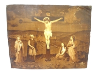 Antique Tin Lithograph of Murphy and McCarthys "The Crucifixtion" Vatican Crest