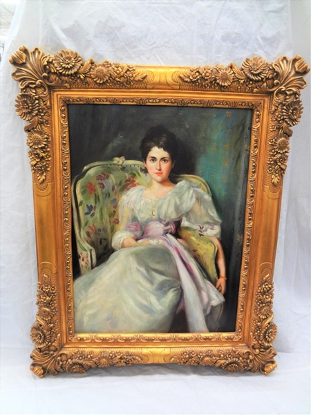 Stunning Large Portrait Woman in Chair Set Gilt Frame