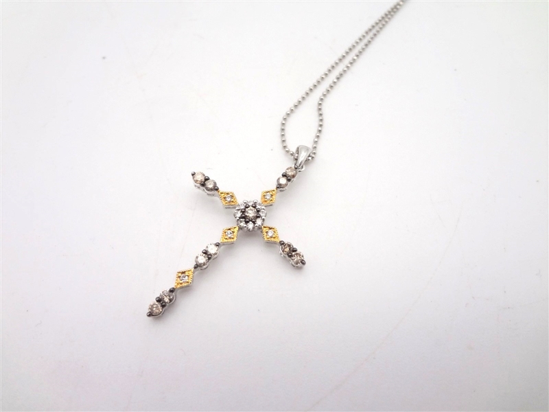 14k Gold Necklace and Cross Pendant With Diamond Chips