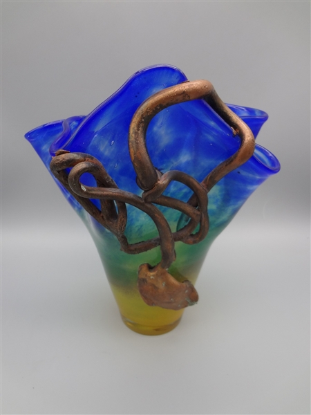 Art Glass Vase With Applied Copper Design