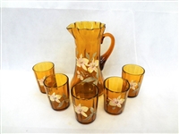 Hand Blown Amber Pitcher With Five Tumblers 