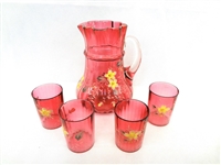 Hand Blown Cranberry Pitcher With Four Tumblers 