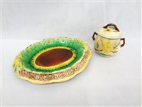 Majolica Bread Plate and Covered Jar