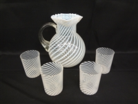 Opalescent Swirl Glass Pitcher With Four Tumblers