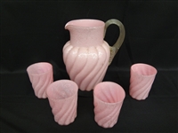 Hand Blown Pink Glass Pitcher With Four Tumblers and Gold Flake