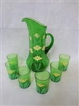 Hand Blown Glass Pitcher and 6 Tumblers Enamel Flowers