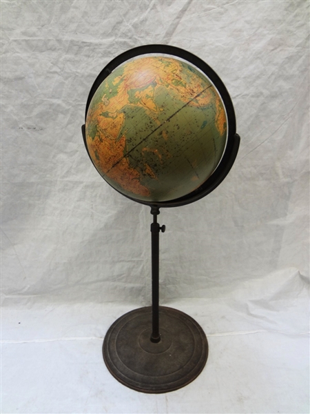 W. & A.K. Johnston Physical-Political Globe A.J. Nystrom and Co. Chicago on Cast Iron Stand