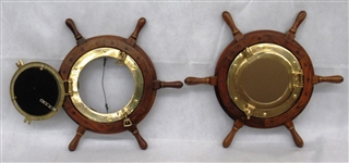 Pair wooden and Brass Ships Wheels With Port Hole Mirrors