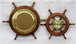 Pair Wood and Brass Nautical Ships Wheel Mirror and Clock